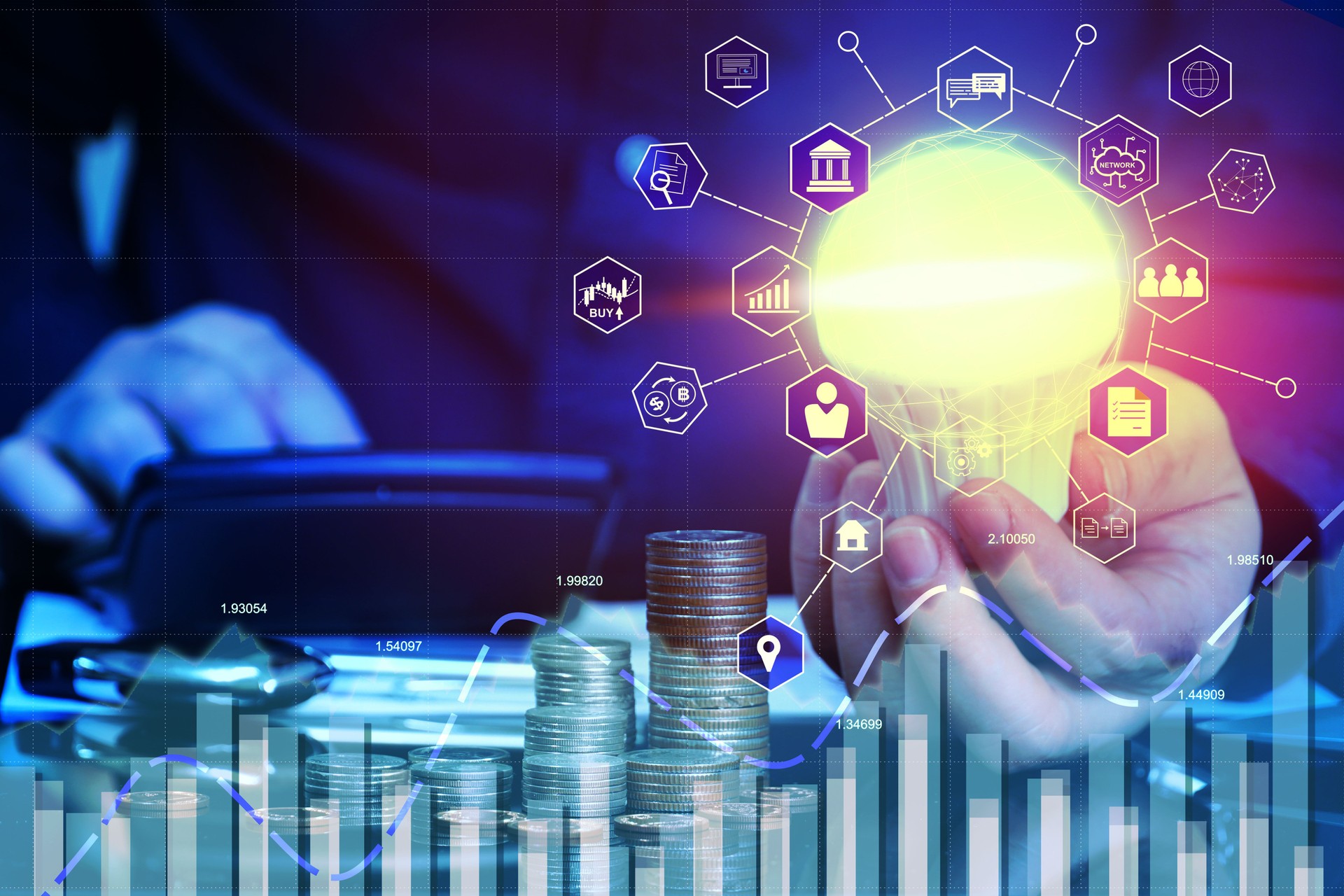 Businessman hand holding light bulb with network icons on planning finance solution, analysis and social media , innovation business idea concept.